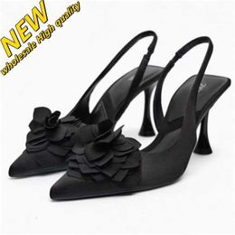 Cheap Store 90% Off Wholesale 2024 New High Heels Pointed Black Rose Layered Muller Heel Bag Back Empty Wine Za Cup for Women High quality