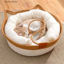 Cat Beds Furniture Pet cat mat dog bed sofa hand woven comfortable all season nest basket waterproof detachable mat sleeping room Y240322