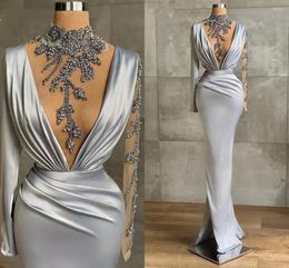Party Dresses Mermaid Prom Dress Long Sleeves Deep V Neck Appliques Sequins Beads Satin Halter Evening Gowns Plus Size Side Slit Sexy