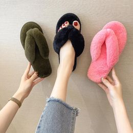 Slippers Fall And Winter Solid Color Plus Velvet Warmth Plush Fashion Home-wearing Flat-bottomed Non-slip Cotton Women