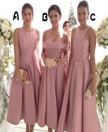 Pink Satin Three Style Bridesmaid Dresses For Wedding 2017 Crew Off Shoulder Tea Length Maid Of Honor Gowns Elegant Formal Party D3458140