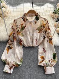 Spring Autumn Temperament Fashion Retro Chiffon Floral Blouses Print Loose Lapel Puff Sleeve Top Button Up Shirt Female GD611 240322