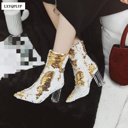 Boots 2022 New Women's Shoes Crystal Highheeled Pointed Boots Discoloration Sequins Thick Heel Banquet Host Model Catwalk