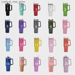 Mugs 40oz stainless steel tumblers Cups with handle lid and straws Hot Pink Car mugs powder coating outdoor tumbler vacuum insulated drinking water bottles Q240322