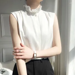 Women's Blouses Fashionable Sleeveless Shirt Vest Ear Lace Top 2024 Spring/Summer Satin Temperament Versatile Layering Small