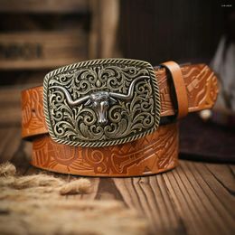 Belts Western Cowboy PU Leather Belt - Men Waist Strap Bull Decoration Floral Engraved Jeans Pantalones Hombre Pasek Spodni Accessori