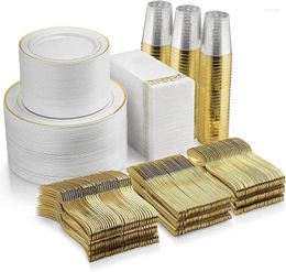 Disposable Dinnerware 700 Piece Gold Set 200 Rim Plates 300 Silverware 100 Plastic Cups Linen Like Paper Napkins