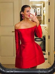 Slash Neck Red Strapless Short Dress Elegant Long Sleeve Backless Satin Soild Prom Gowns Autumn Winter Christamas Party Vestidos 240314