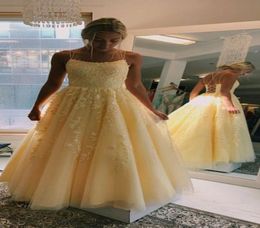 Unique Open Back Design Spaghetti Light Yellow Prom Dresses Lace Embroidery Draped Tulle Party Dress Elegant Evening Gowns Sweet 14418814