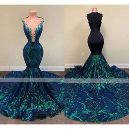 Dark Sparkly Green Sequin Long Prom Party Dresses Sleeveless African Black Girls Mermaid Formal Evening Gala Gowns Custom