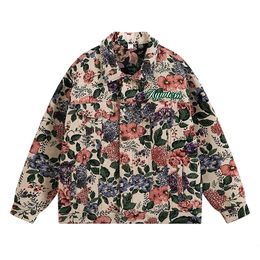 Men Flower Jacquard Weave Jacket Fashion Loose Letters Print Denim Coat Streetwear Full Sleeve Top Outerwear 240309