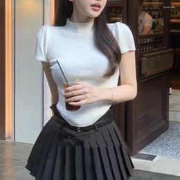 Women's T Shirts Half High Neck Knitted Top Women Solid Colour Slim Short Sleeve T-shirt Cropped