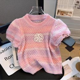 Women's T Shirts 2024 Summer Floral Multicolour Striped Sweater Women Knitted T-shirt Round Neck Short Sleeve Sweaters Knitwear Top Jumper