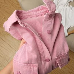 Women Pink Jeans Jacket Oversized Korean Style Single Breasted Chic Denim Coats Spring Autumn Cowboy Jackets Outwear240321
