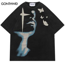 Men Washed Tshirt Streetwear Shadow Butterfly Graphic T-Shirt Retro Vintage Print Hip Hop T Shirt Harajuku Tops Tees Cotton 240313