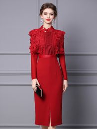 Elegant Dark Red Evening Dress 2024 O-neck Long Sleeves Top Lace Satin Knee Length Prom Party Gowns Robe De Soiree