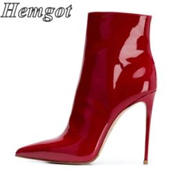 Boots Red Patent Leather Boots Women's 2022 New Pointed Toe High Heels Stiletto Short Boots Large Size Suede Stewardess Single Boots