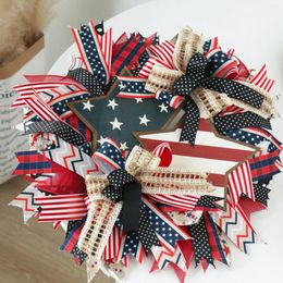 Decorative Flowers 18 Inch Patriotic Day Memorial American Flag Colour Burlap Mesh Wreath For Front Door Independence 4th Of July 12v