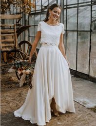 Elegant Long Lace Ivory Garden Wedding Dresses A-Line 2 Pieces Crepe Jewel Neck Asymmetrical Length Zipper Back Bridal Gowns for Women