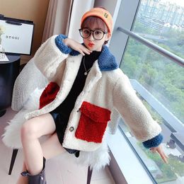 Down Coat Lovely Baby Girls Clothes White Faux Fur Coats Winter Plush Warm Cotton Jackets Colour Patch Pocket Kids Teen Girl