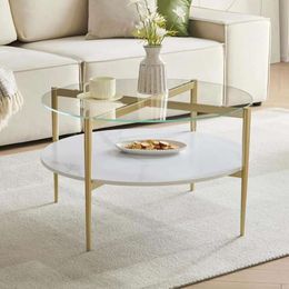 Decorique Home Modern Table with Top, Living Room Round Double Layered 30 Inch White Wooden Storage Coffee Table, Gold Leg Structure and Transparent Glass Top