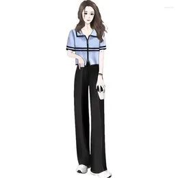 Women's Two Piece Pants Casual Turn-down Collar Clothing Suit 2024 Summer Fashion Loose Tops Wide-leg Set For Women Outifts A573
