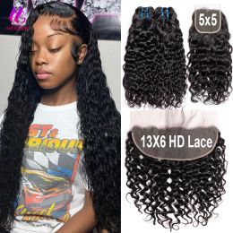 Closure Megeen 30 Inch Water Wave Human Hair Bundles With Closure 13X6 Hd Lace Frontal With Bundles 5X5 Closure With Human Hair Bundles