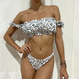 Women's Swimwear Leopard Print Bikini Set Ruched Pleated Bandeau Swimsuit Y2K Sexy Women Two Piece Brazilian Beach Bathing Swimming Suit