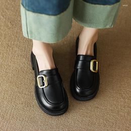 Casual Shoes 2024 Spring Women Genuine Leather Fashion Retro Flats Square Toe Low Heel Loafers Brown