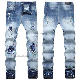 Fall 2023 Light Colored Distressed Jeans for AM Men's Elastic Slim Fit Small Leg Mid Waist Pants