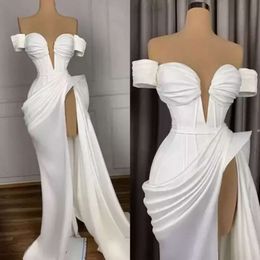 Evening Sexy White Dresses Long Off Shoulder Satin with High Slit Arabic African Women Formal Party Gowns Prom Dress