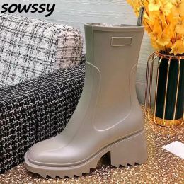 Boots 2022New Square Toe Rain Boots Women Chunky Heel Thick Sole Midcalf Boots Zipper Chelsea Boots Ladies Rubber Boot Rain Shoes