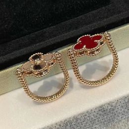 Clover ring double sided double flower red agate laser 18K gold ring rose gold reversed double sided ring with box sizes 6 to 9 clover reversal ring
