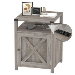 Hoseoka's Farmhouse Charging Station, Rural Style Coffee Bedroom Storage, Living Room Side Grey Table, Industrial Bedside Table with USB Port and Socket