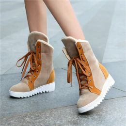 Boots Women Winter Nubuck Leather Height Increase Elevator Round Toe Lace Up Fashion Warm MidCalf Snow Boots Plus Size 3443 SXQ0928