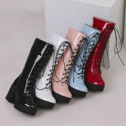 Boots Shiny Patent Leather Blue Red Laceup Midcalf Women's Boots Winter Faux Fur Lined Warm Platform Shoes Square Chunky High Heels