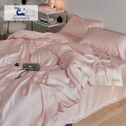 LivEsthete Women Gift Pink 100% Silk Bedding Set Solid Color Flat Sheet Pillowcases Queen King Quilt Cover Bed Sets For Sleep 240306