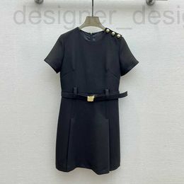 Basic & Casual Dresses designer brand Miu black dress with belt, Hepburn style waist cinching small dress, short sleeved exquisite A-line skirt, summer new 6896