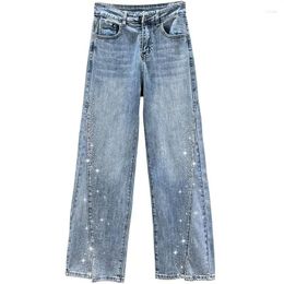 Women's Jeans With Rhinestones Pants For Women High Waist S Straight Leg Blue Womens Korean Fashion Original A Stylish Trousers