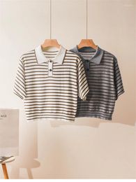 Women's T Shirts 2024 Summer Women Striped Knit Tee Top Wool Silk Blend Short Sleeve Turn-Down Collar Button Ladies Knitwear