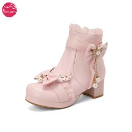 Boots Women's Lolita Shoes Round Toe Boots LaceUp Side Zipper School JK Uniform Dress Footwear Girls Cosplay High Heels Pearl Pendant