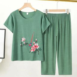 Women's Two Piece Pants Elastic Waist Flower Print Summer Pajamas Set With O-neck Top High Casual Tracksuit Outfit For Females