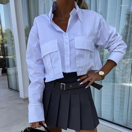 Women's Blouses Temperament Stitch Pockets Lady Office Tops Elegant Spring Long Sleeve Lapel Shirts Simple Loose Women 2024 Button Blouse
