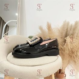 Casual Shoes Genuine Leather Loafers For Woman Round Toes Shallow Slip-on Causal Crystal Buckle Black Flats