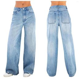 Women's Jeans Women Solid Denim Wide Leg Pants Pockets Loose Mid Waist Ankle Length Washing Zipper Slight Strech High Street