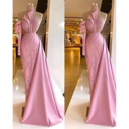 Pink Plus Lace Size Arabic Aso Ebi Stylish Sexy Prom Dresses Beaded High Neck Evening Formal Party Second Reception Gowns Dress