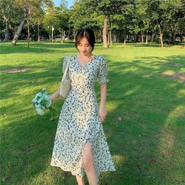 Party Dresses Large Size Long For Women Spring Autumn Female V Neck Short Puff Sleeve Floral Printed Loose Bohemia Robe Split Vestidos