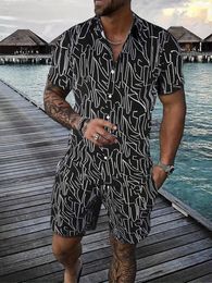 Men's Tracksuits Men Summer Shirt Sets 3D Printed Uneven Stripes Short Sleeve Casual Oversized Beach Shorts Hawaiian Man Suits Clothing