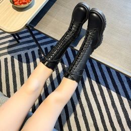 Boots 2022 Round Head Fashion Women Boots Women Lace Up Mid Heel Boots Punk Rock Winter High Boots Women Black Boots Boots Women