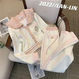 Fashion Track Suits for Women 2 Piece 2023 Spring Summer Korean Sweet Cute Coat Zipper Wide Leg Pants Two Set Sportswear 240315